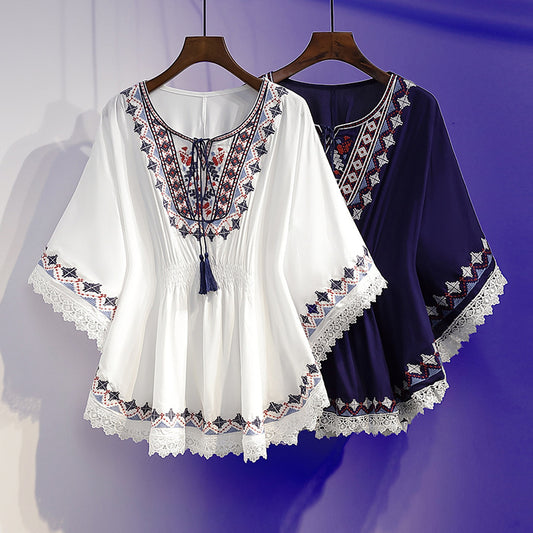 Summer Fashion Retro Slimming Top Women's Stylish Youthful Printed Five-Sleeve Round Neck Chiffon Blouse Women's Fashion