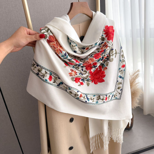 Bright Red Gold Thread Embroidered Scarf for Women Winter Versatile Wool Thickened Warm Cashmere Large Shawl for Women Dual-use Outerwear