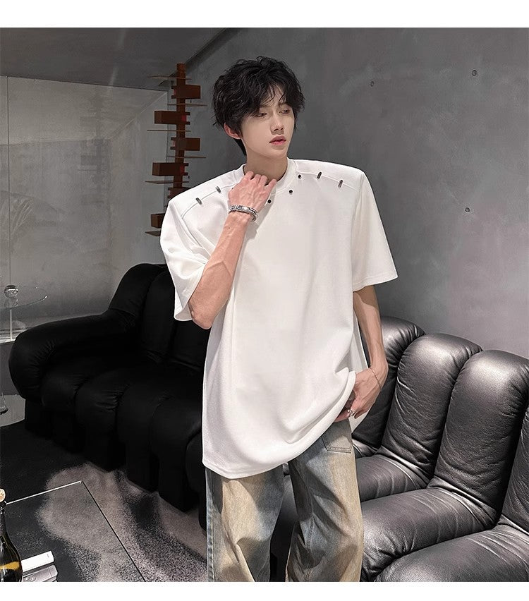 2025High-end Stylish Padded Shoulder Short Sleeve T Men's Summer Shirt with Unique Metal Decoration Design Heavyweight Top t T-shirt