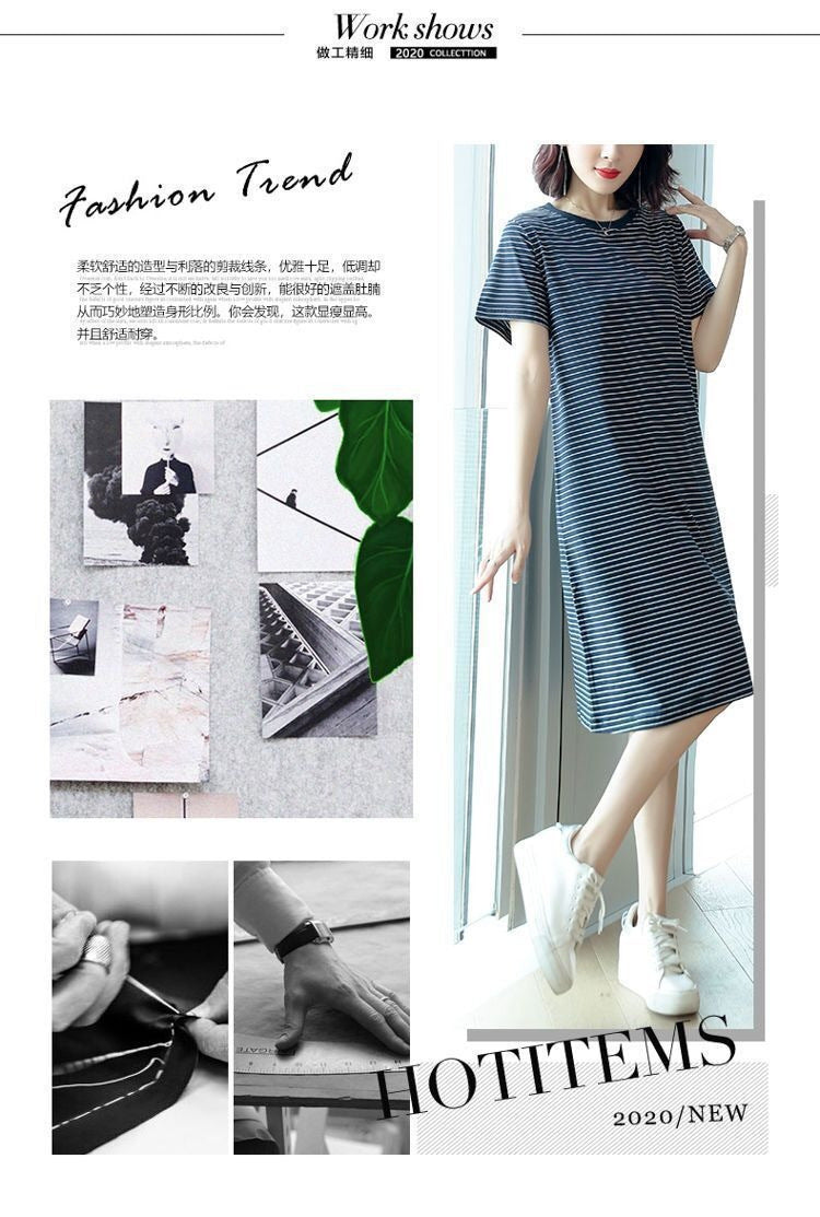 Summer Waist-Cinching Dress Plus Size Middle-Aged and Elderly Mom Outfit Mid-Length Striped Short Sleeve T Women's T-shirt Skirt Cross-Border Wholesale