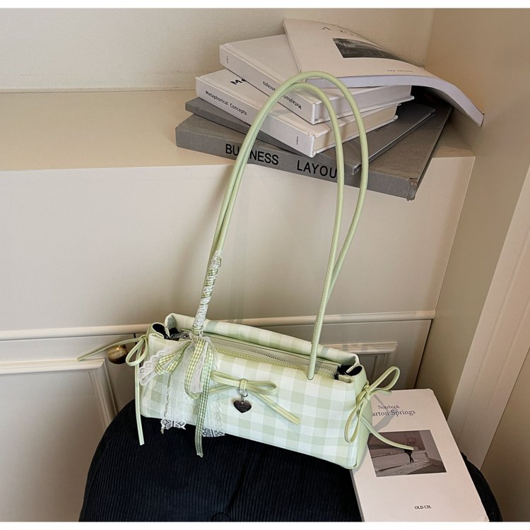 Dopamine Plaid Handbag Small Tote Bag for Women Summer2025New Ballet Style Bow Baguette Bag Underarm Bag Trendy