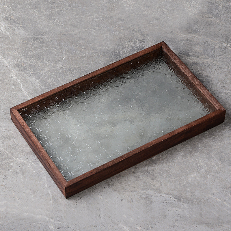 Begonia Embossed Glass Tray Walnut Color Rectangular Tea Tray Storage Ornaments Tea Water Cup Fruit Snack Plate