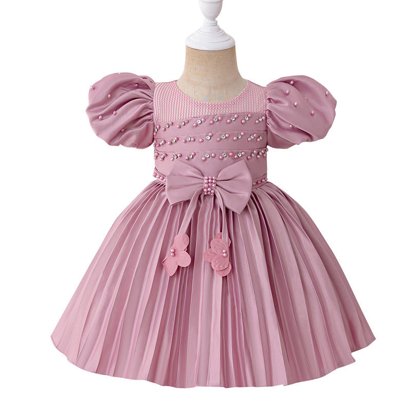 Birthday Party Evening Dress Puff Sleeve Girl Princess Dress Baby Pearl