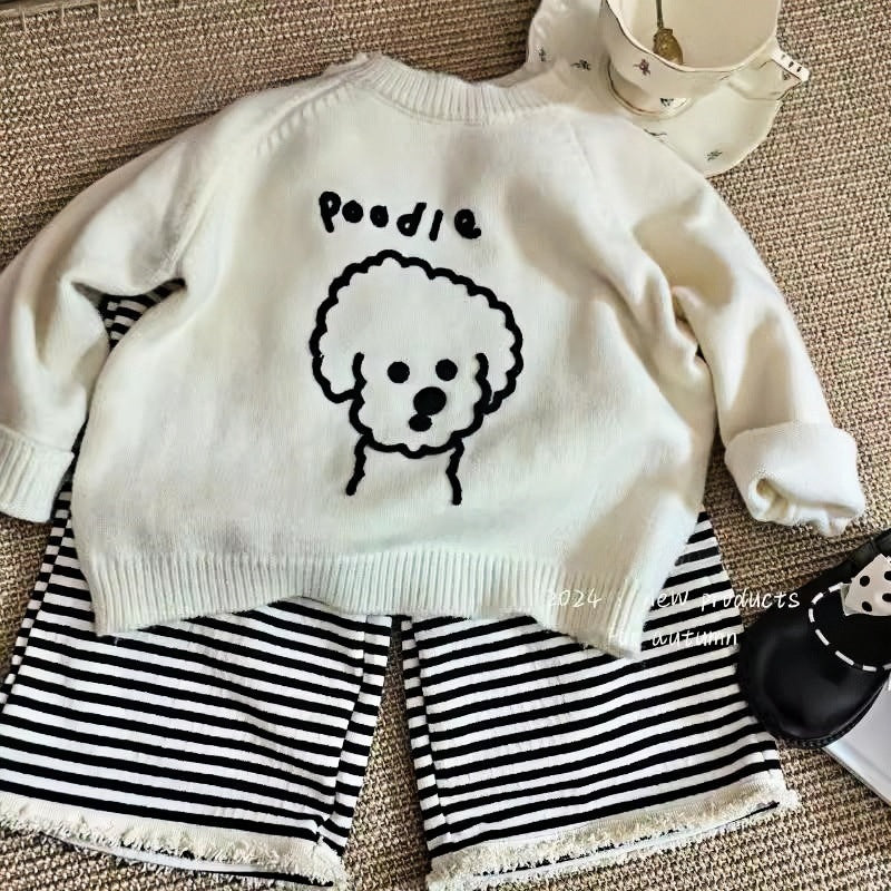 Sweet Little Girl Autumn Sweater Pants Set Cartoon Top with Striped Long Pants Two-Piece Korean Style Children's Clothing