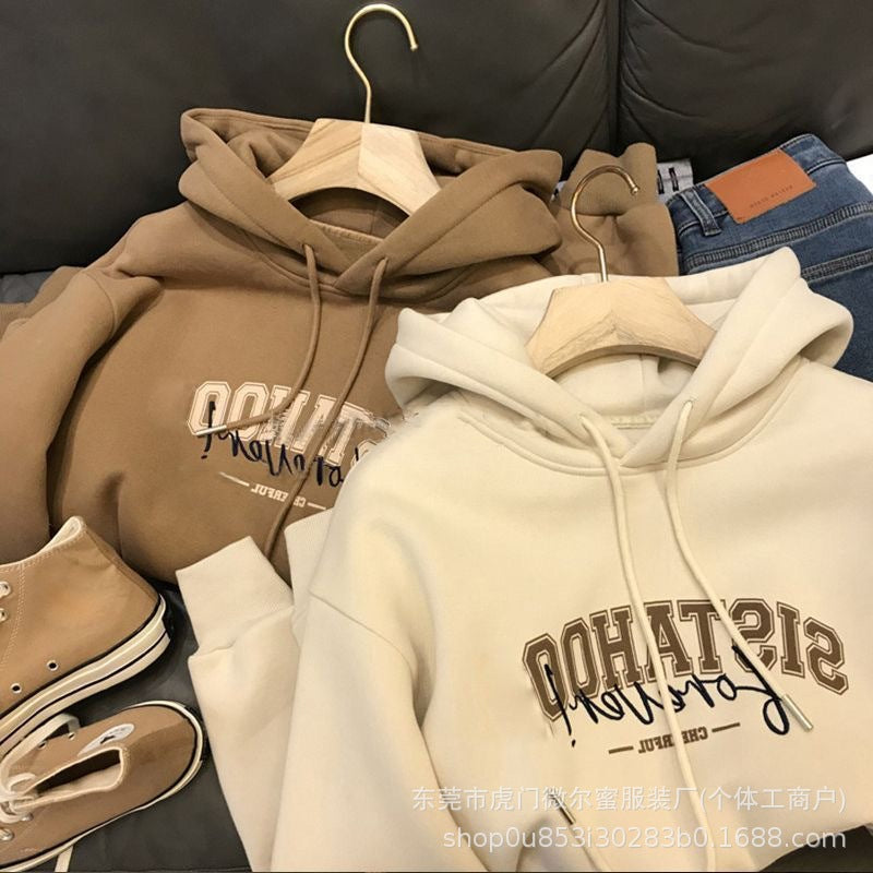 American Style Fleece-Lined Thickened Autumn Winter New Hooded Sweatshirt for Women Korean Version Plus Size Loose Coat Student Couple Outfit