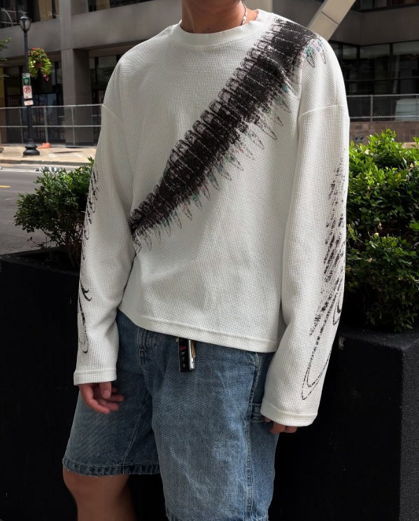 European and American Street Style Loose Printed Pullover Waffle Long Sleeve T Men's American Style Casual Crew Neck Shirt Amazon
