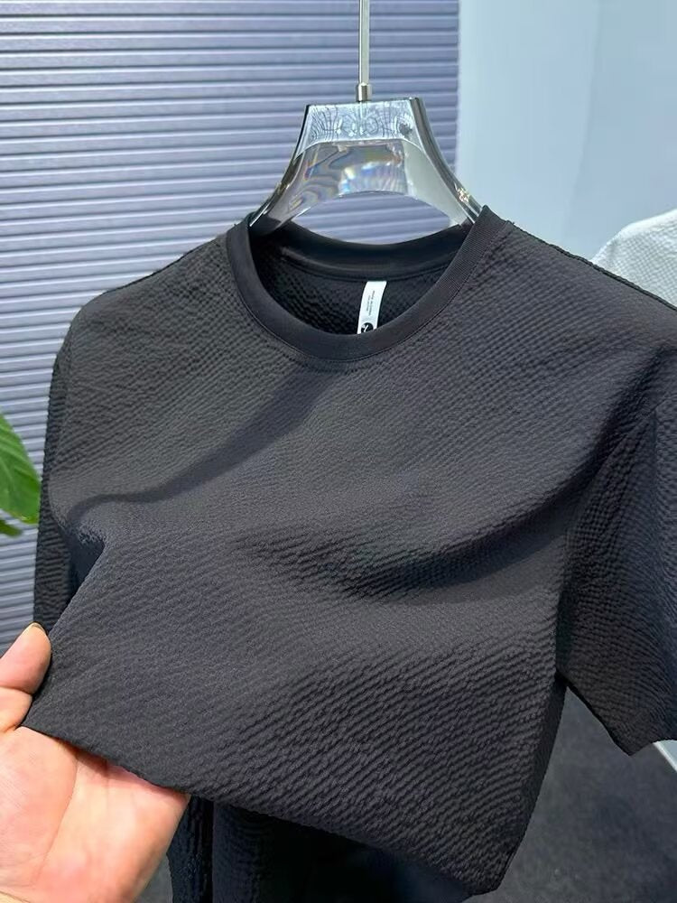 Summer New Bubble Gauze Texture High-end T Loose Round Neck Men's Short Sleeve T-Shirt T Solid Color Short Sleeve Versatile Top