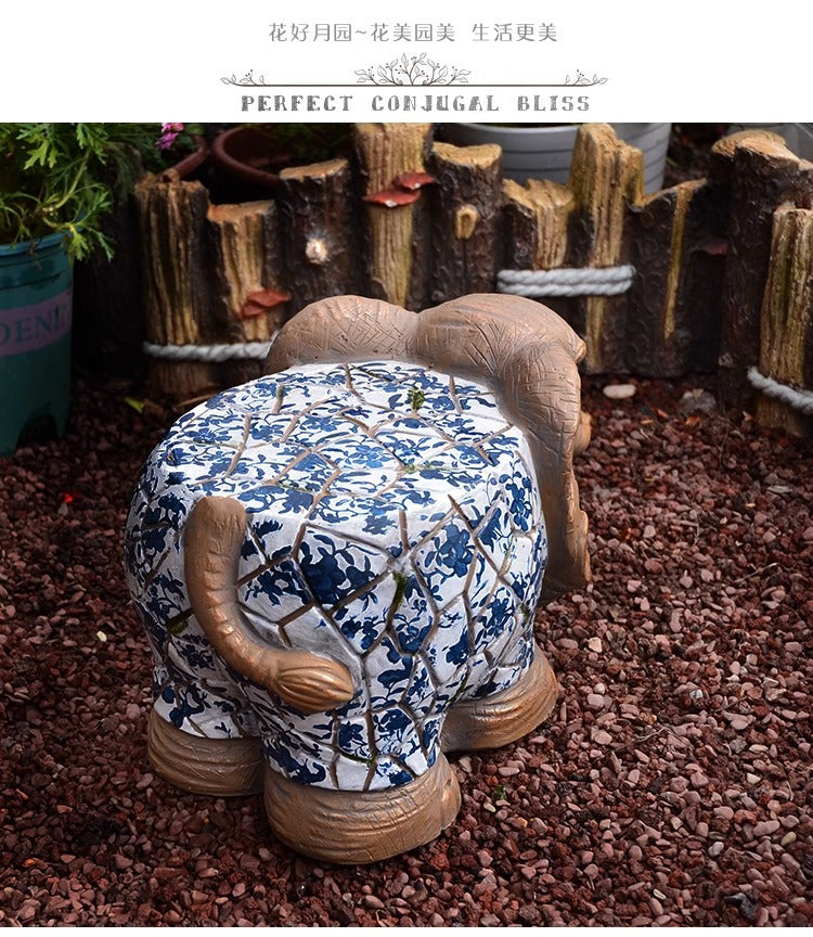 Cartoon Courtyard Animal Decoration Ornament Blue and White Elephant Stump Courtyard Garden Flower Pot Base Balcony Outdoor Chair