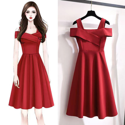 Cross-Border2025New Plus Size Off-Shoulder Elegant Dress for Plus Size Women Fashionable Tummy Covering Slimming Waist Dress Trendy