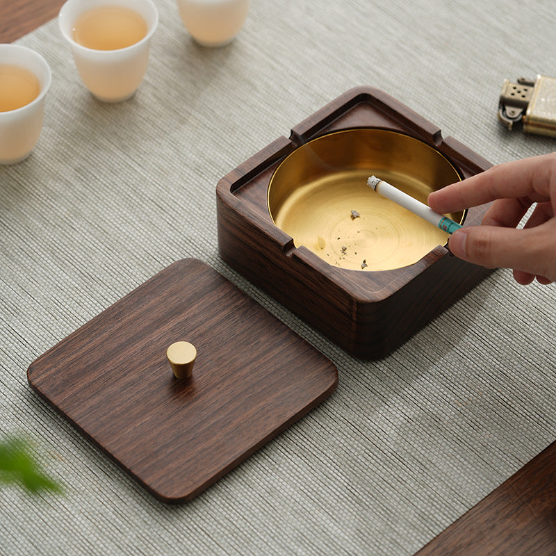 Walnut Ashtray for Home Living Room with Lid, Anti-Fly Ash, Stainless Steel Inner Liner, Creative Office Quality Ashtray