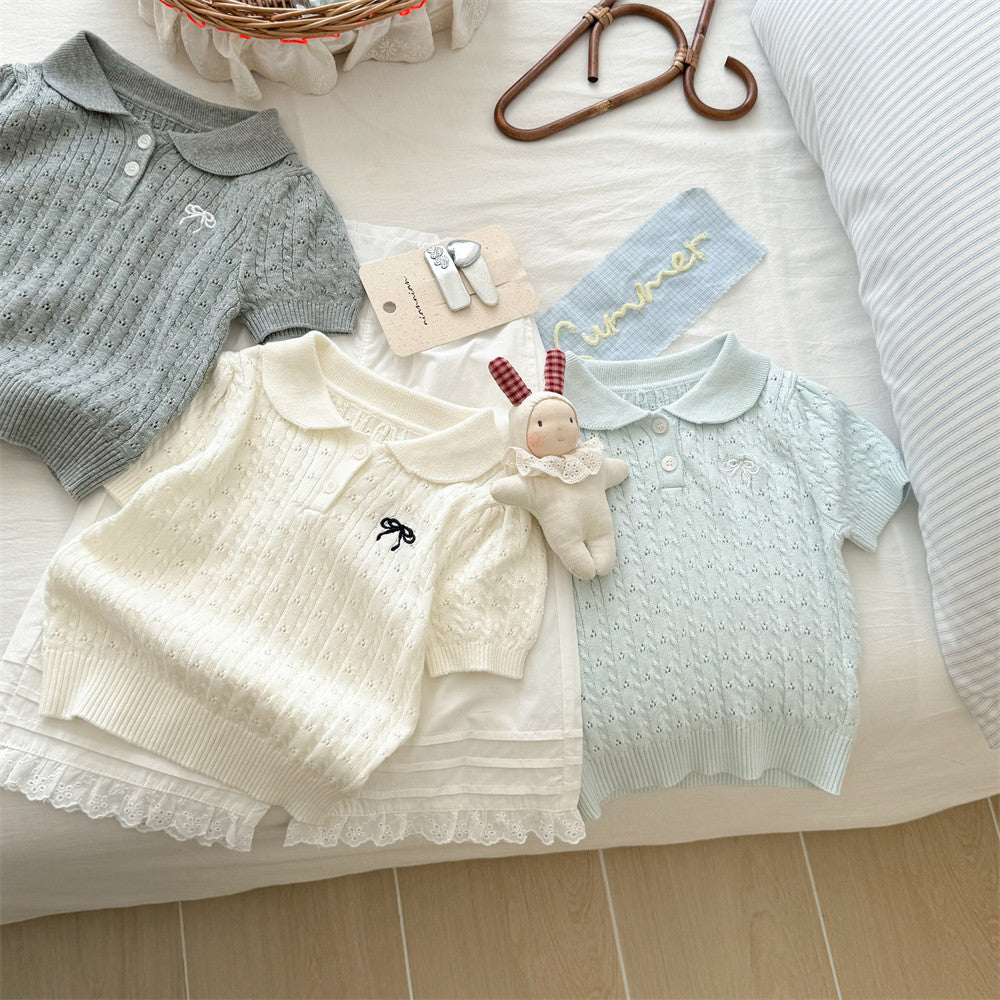 Sweet Little Sister New Summer Outfit Korean Style Girls' Clothing Bow Collar Short Sleeve Stylish Fashionable Super Cute Knitted Sweater Trendy