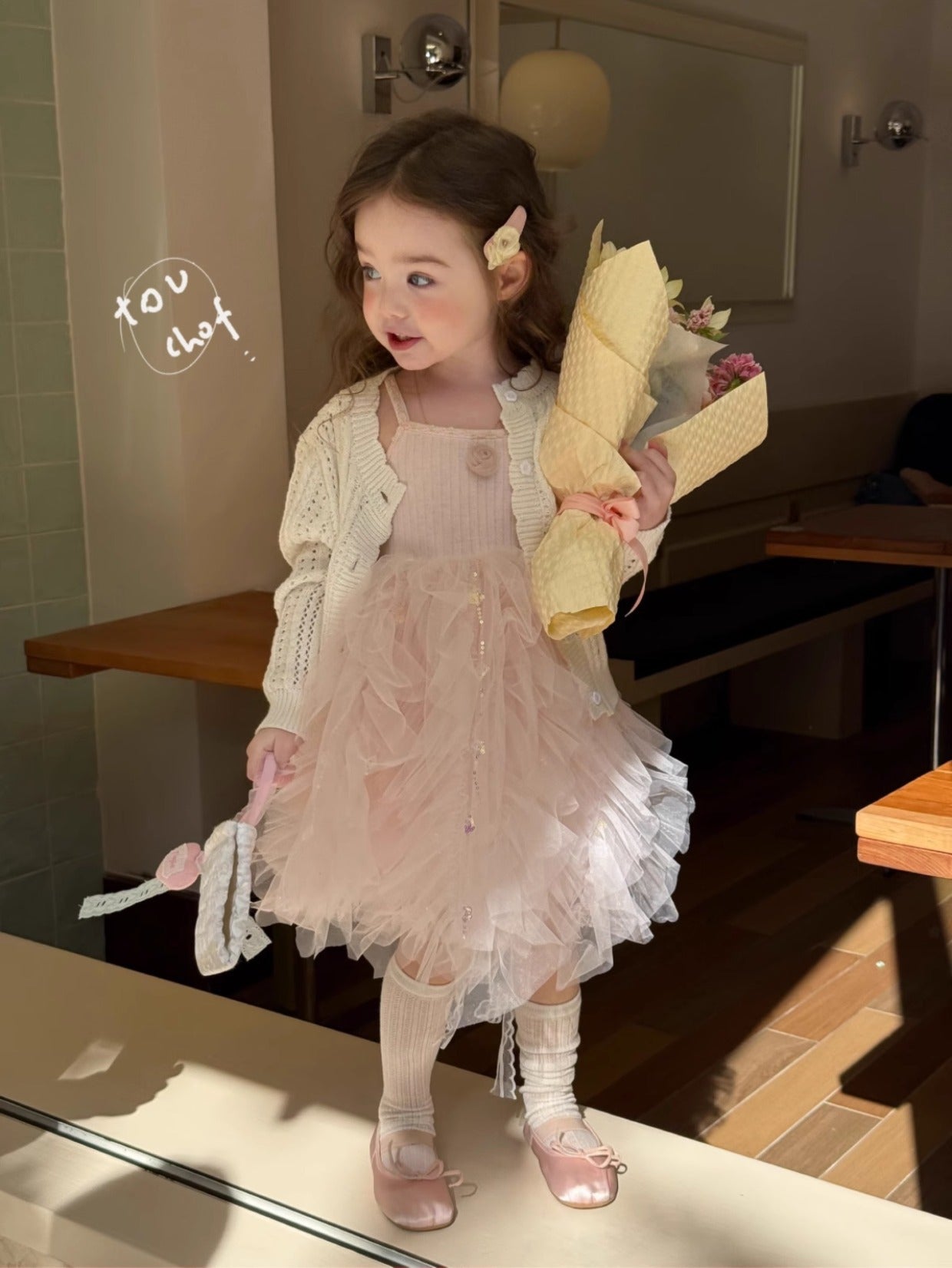 Girls Korean Style Cotton Strap Floral Mesh Princess Dress