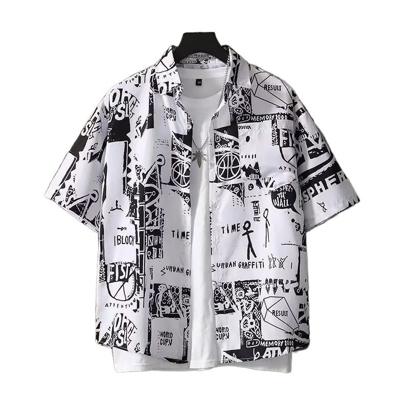 Japanese Retro Print Short Sleeve Shirt Men Letter Shirt Loose Casual Versatile Thin Short Sleeve Shirt