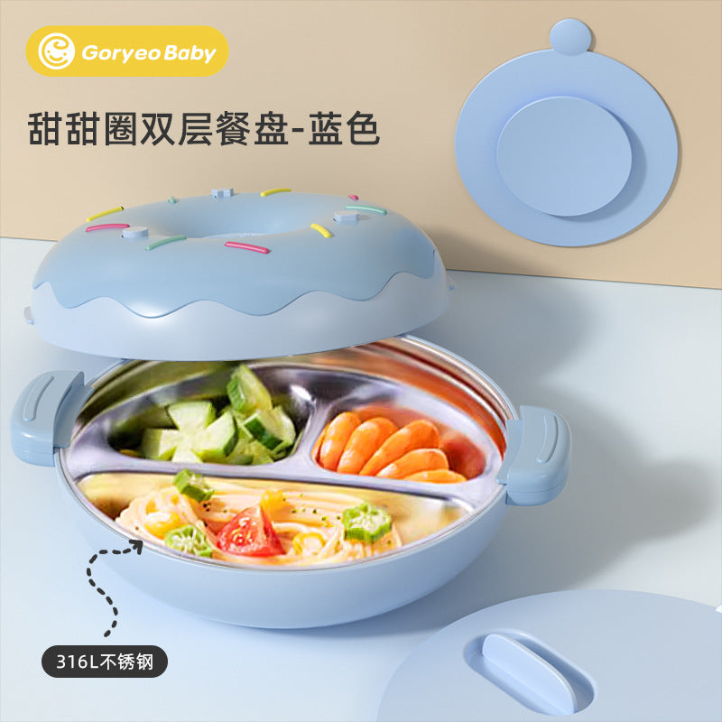 goryeobaby Children's Stainless Steel Plate Baby Suction Bowl Water-Insulated Bowl Baby Divided Plate Baby Food Utensils