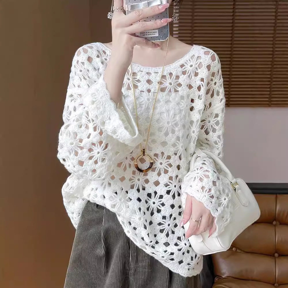 Early Autumn Crochet Hollow Solid Color V Lazy Style Soft Wool Knitted Pullover Top Slimming