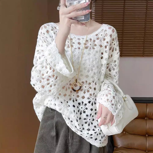 Early Autumn Crochet Hollow Solid Color V Lazy Style Soft Wool Knitted Pullover Top Slimming
