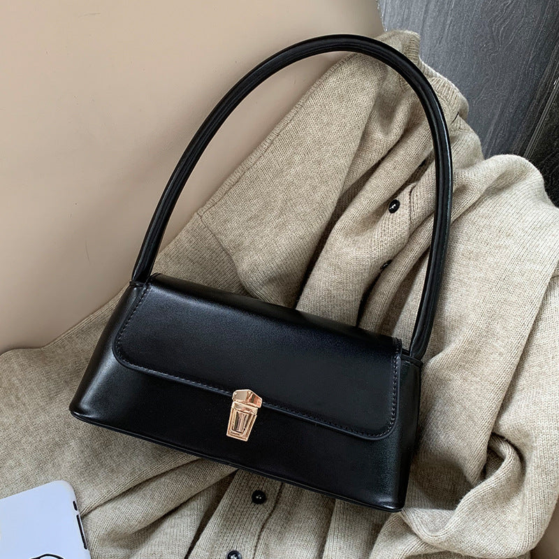 Textured French Style Women's New Fashion Retro2025Large Capacity Casual Solid Color Lock Buckle Handheld Baguette Underarm Bag for Women