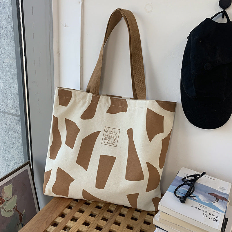 Canvas bag for women, single shoulder, suitable for college students to carry books ins Korean Style Zippered Artistic Design Handheld Canvas Bag
