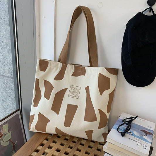 Canvas bag for women, single shoulder, suitable for college students to carry books ins Korean Style Zippered Artistic Design Handheld Canvas Bag