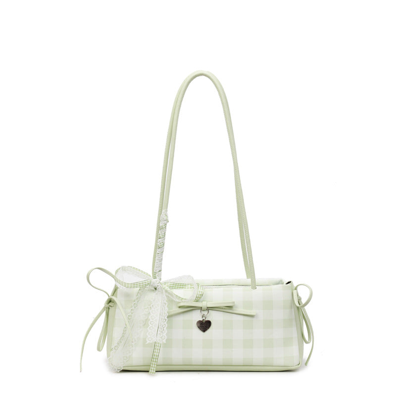 Dopamine Plaid Handbag Small Tote Bag for Women Summer2025New Ballet Style Bow Baguette Bag Underarm Bag Trendy