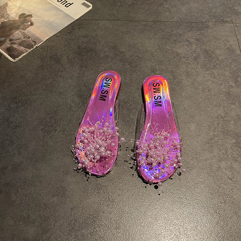 Sparkling Silver Transparent Beaded Closed-Toe Mules for Women2024Summer Internet Celebrity Super Popular Sandals Slippers