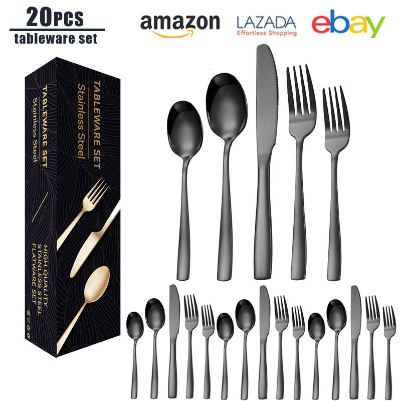 tatableware set Square Handle Stainless Steel Knife Fork Spoon Mail Order Box Color Box Set Titanium Coated Western Steak Knife Fork