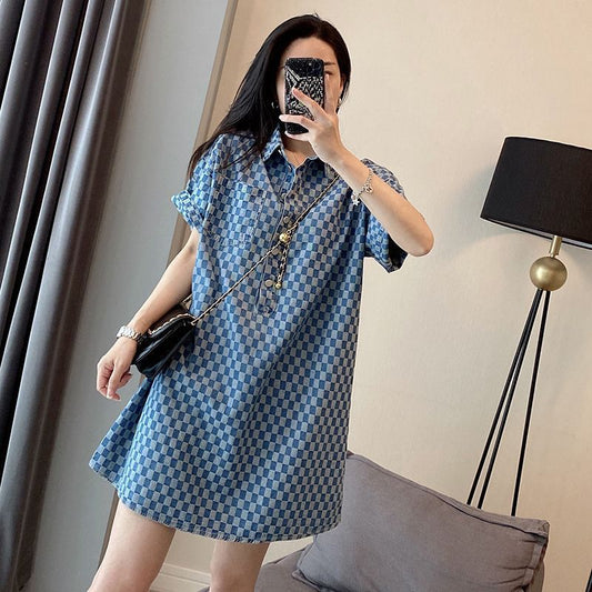 2-300Jin Fat mm Denim Blue Dress for Women Summer New Large Size Mid-Length Loose Short Sleeve T T-shirt Skirt