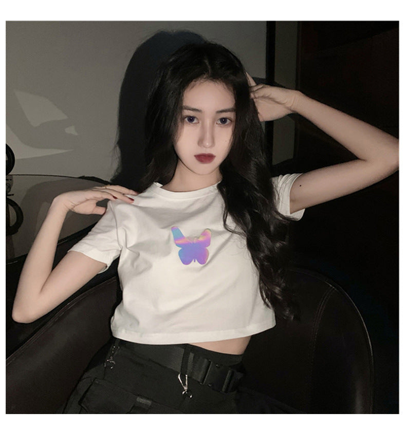 Summer2025New Year's Trendy Internet Celebrity Couple Outfit Reflective Butterfly Short Sleeve t Women's Summer T-shirt ins Super Popular Short Top
