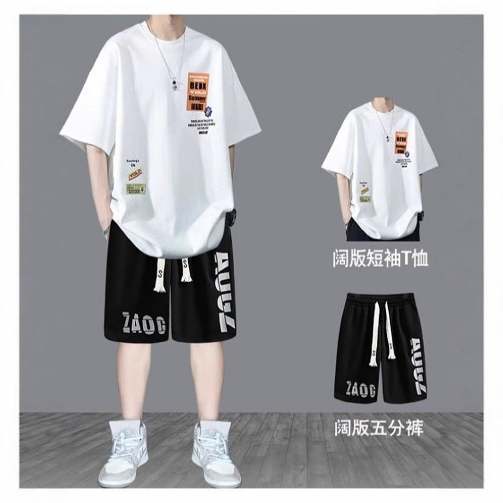 Summer Teenage Suit Boys Short Sleeve T T-shirt Short Sleeve New Style High School Student Trendy Casual Sports Two Pieces