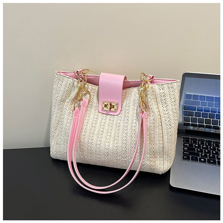 2025Women's Spring New Small Chanel Style Bag for Work Commute Versatile Straw Woven Large Capacity Wide Shoulder Strap Women's Single Shoulder Bag