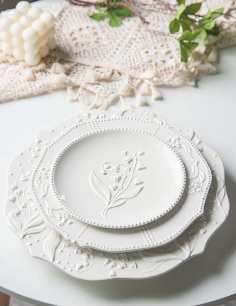 American Relief Lily of the Valley Series Lace Ceramic Western Pasta Plate Pastry Dessert Plate Deep Plate Household Dish Plate