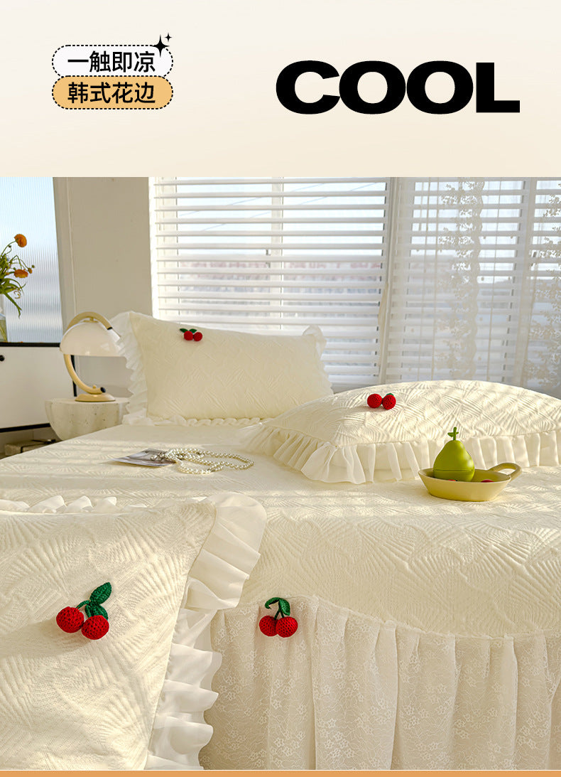 Summer Ice Silk Cooling Mat Lace Edge Cool Soft Mat Three-Piece Set Ethylene Fiber Ice Bean Mat Bed Skirt Style Bedding