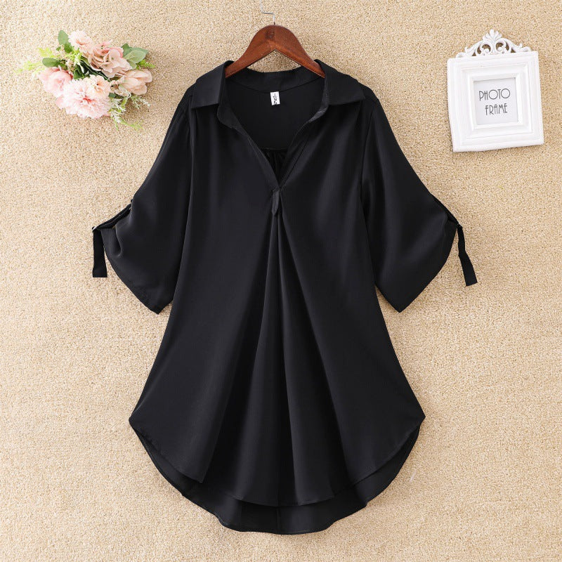 Women's Mid-Length Short Sleeve Chiffon Blouse2025Summer New Large Size Loose Waist Slimming Chiffon Blouse for Women Trendy