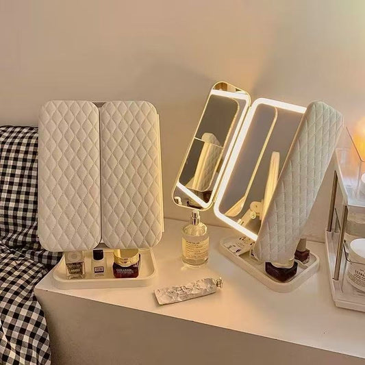 LED Makeup Mirror Desktop with Light Three-Sided Folding Magnifying Internet Celebrity Dormitory Desktop Beauty Bedroom Dressing Mirror