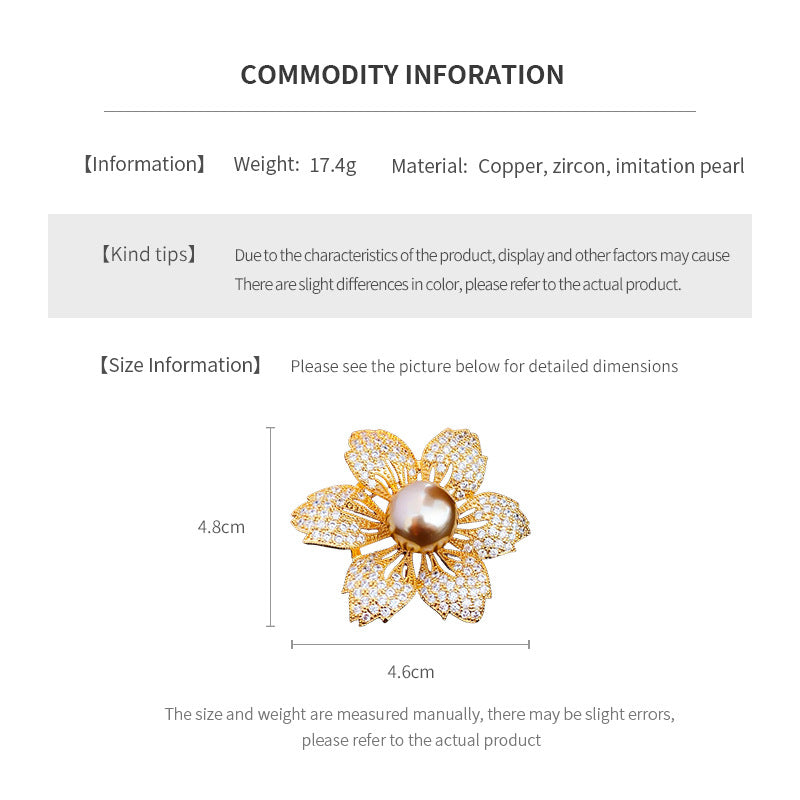 Real Gold Plated Zircon Flower Pearl Brooch Fashionable Elegant Pin Light Luxury High-end Accessories Factory Wholesale