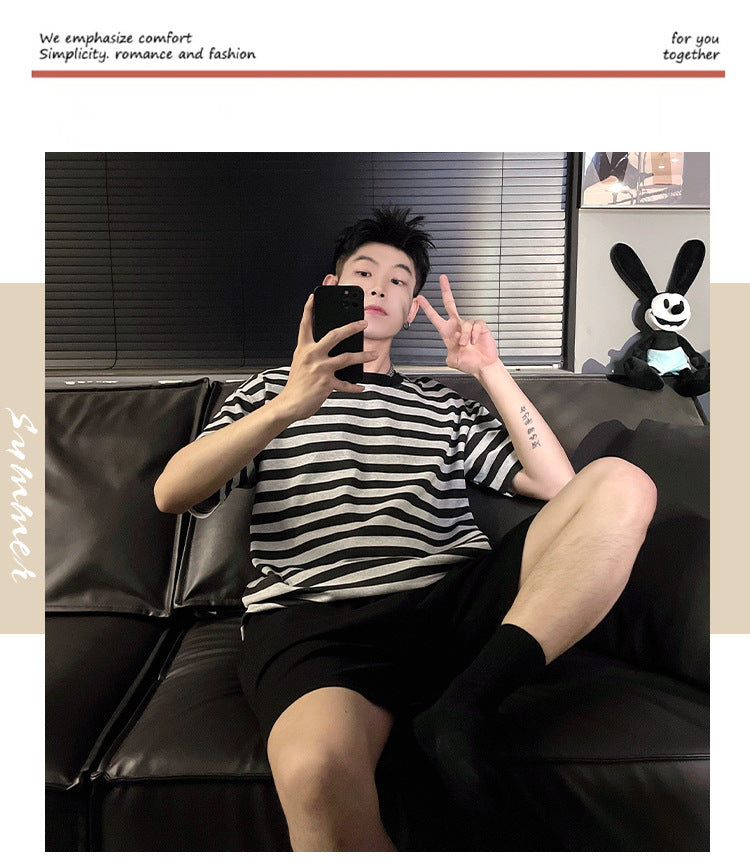Couple Summer New Pajamas Women's Short Sleeve Imitation Cotton Nightdress Korean Style Wearable Men's Homewear Striped Set