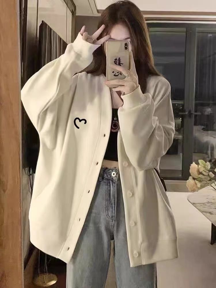 Cardigan Sweatshirt Jacket Women Baseball Jacket Loose Versatile Embroidery V Lazy Style Couple's Collared Top