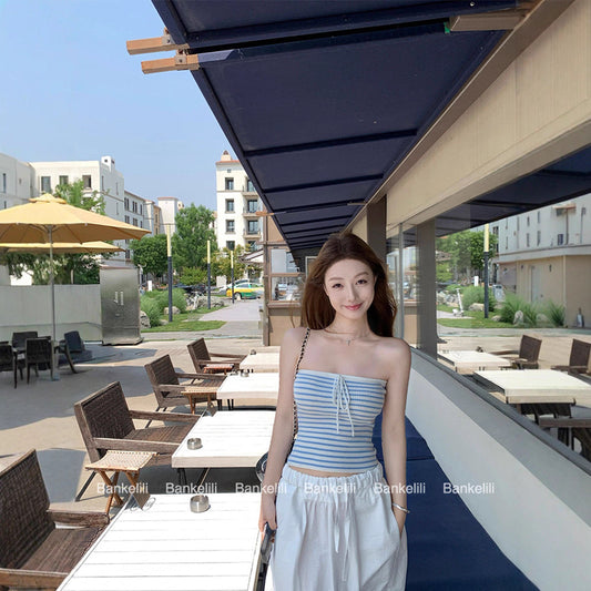 Chestnut Cocoa Bankelili'Blue Coastline'High-Level Spicy Girl Knitted Striped Tube Top Vest for Women Pure Desire
