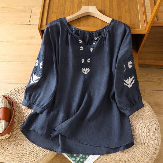 2025Summer New Vacation Ethnic Style Ramie Embroidered Round Neck Shirt for Women Loose Sun Protection Versatile Air Conditioning Shirt