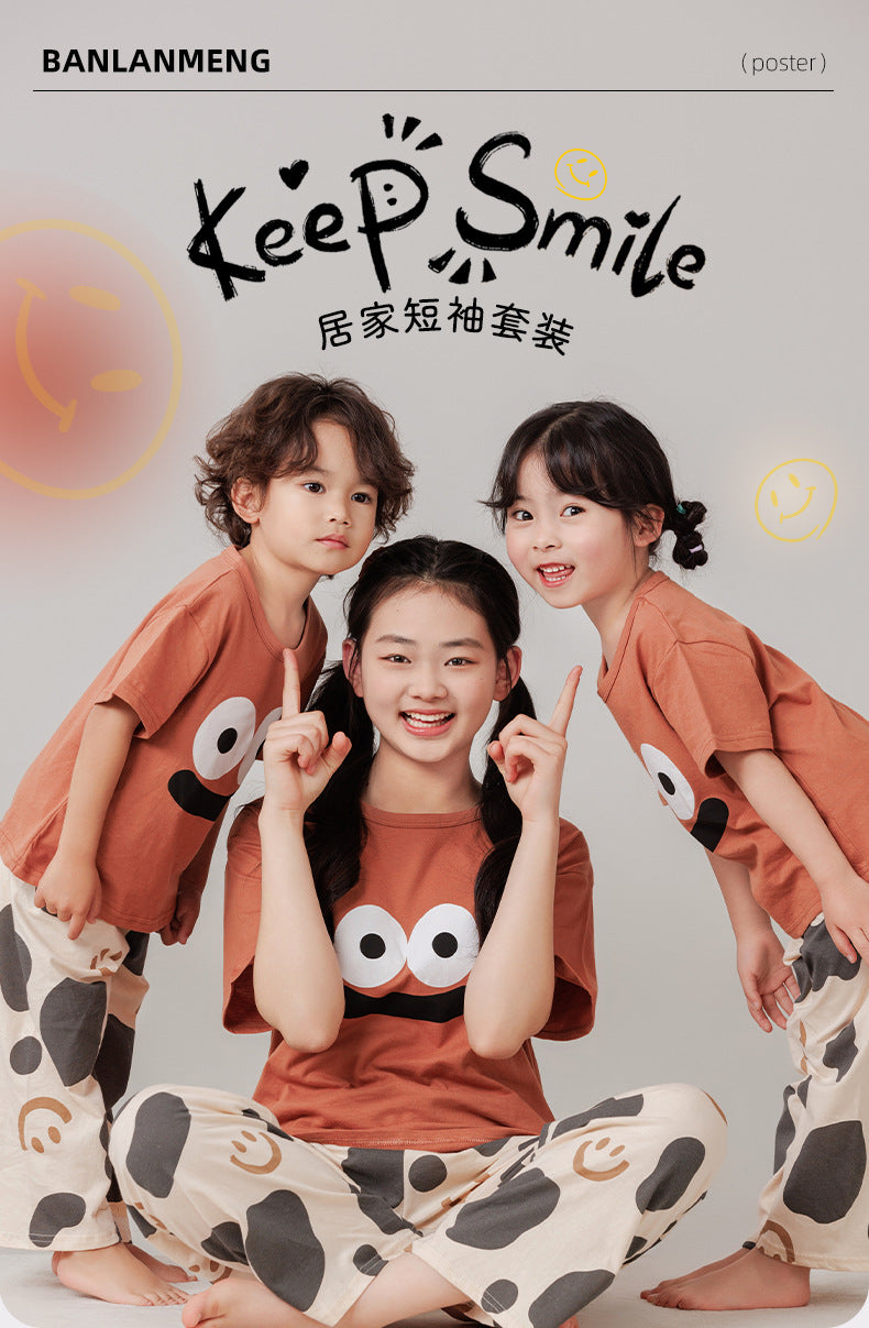 Parent-Child Cotton Homewear Summer Style Children's Short Sleeve Long Pants Set Cartoon Air Conditioning Clothing Sweat-Absorbing Printed Pajamas Couple Outfit