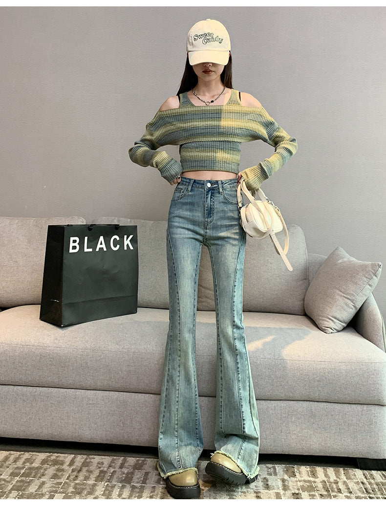 1223Flared Jeans for Women Summer Thin Pear Shape Body Lift Tummy Control Denim Bell Bottom Patchwork Fashion Pants