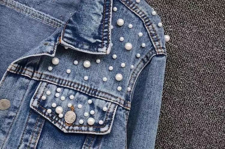 Amazon Cross-Border Southeast Asia Heavy Fashion Beaded Short Denim Jacket for Women Pearl Plus Size Jacket ns Top