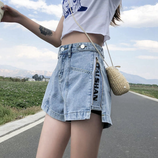 Side Zipper High Waist Denim Shorts Women Summer Loose Fit2025New Year's Slimming Letter Print Wide-Leg Hot Pants Trend