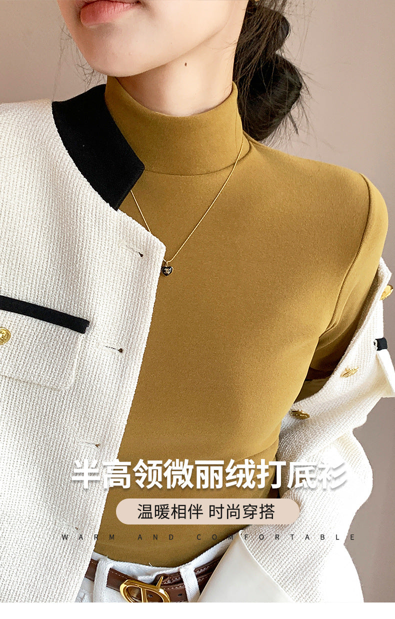 Half Turtleneck Double-Sided Thermal Base Shirt for Women, Spring and Autumn Style, Stylish Inner Wear, Solid Color, Fleece-Lined, Thickened, Warm Long-Sleeve Top