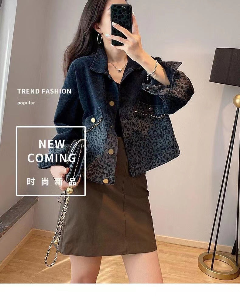 Black Vintage Leopard Print Denim Jacket for Women Fashion Short Coat Autumn Women's Clothing2022New Arrival Jacket