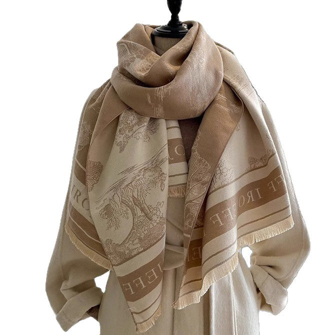 Light Luxury Style Imitation Cashmere Jacquard Shawl for Women Winter Warm Double-Sided Printed Landscape Scarf Outerwear Layering Neck Warmer