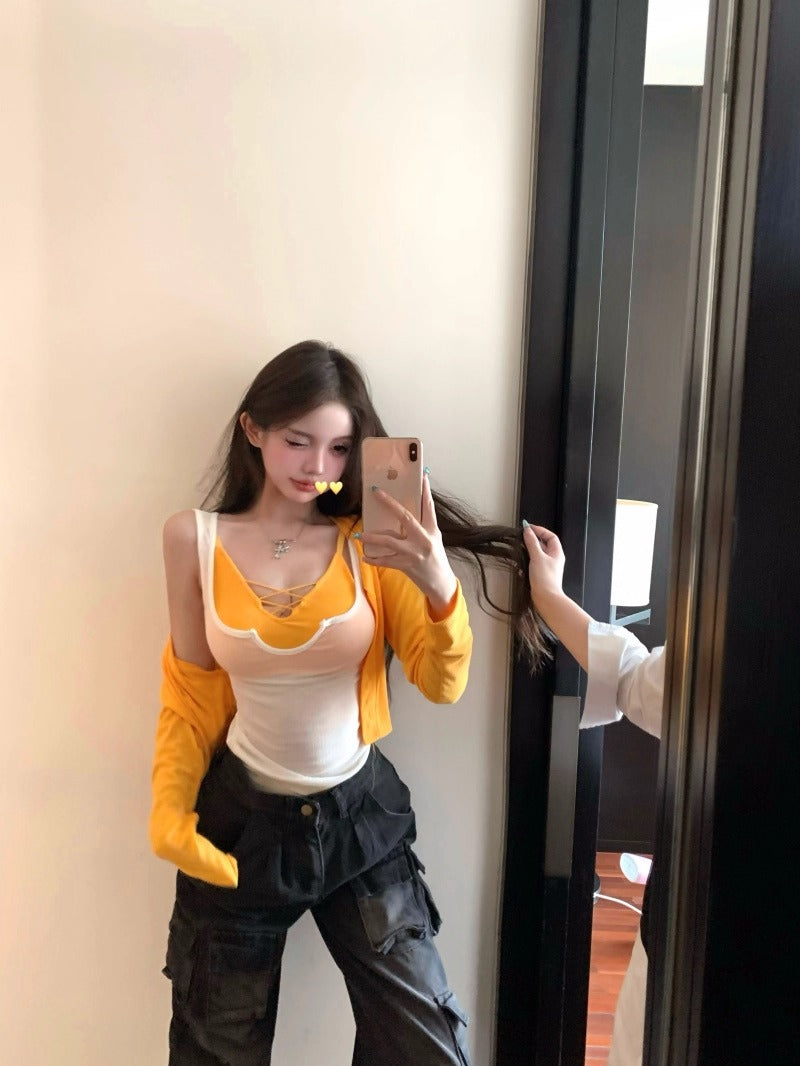 Spicy Girl Two-Piece Set Semi-Sheer Tencel Tank Top Slim Fit Sexy Pure Desire Cross Strap Bustier