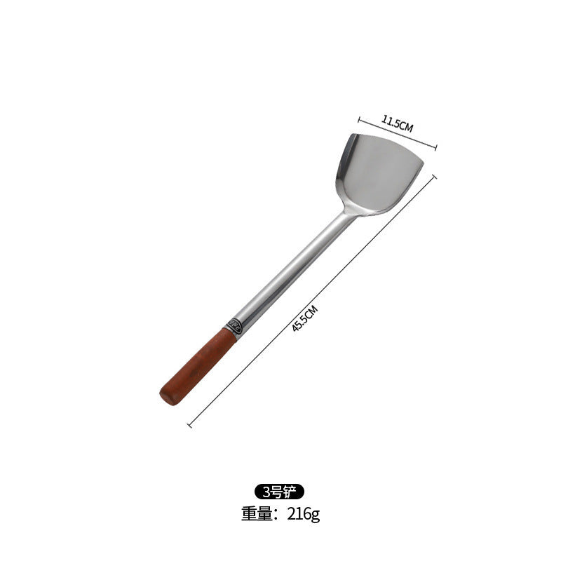 Stainless Steel Stir-Fry Spoon Chef's Stirring Spoon Long Handle Soup Spoon Serving Spoon Stir-Fry Spoon Kitchen Spatula Wooden Handle Pot Spatula Spoon