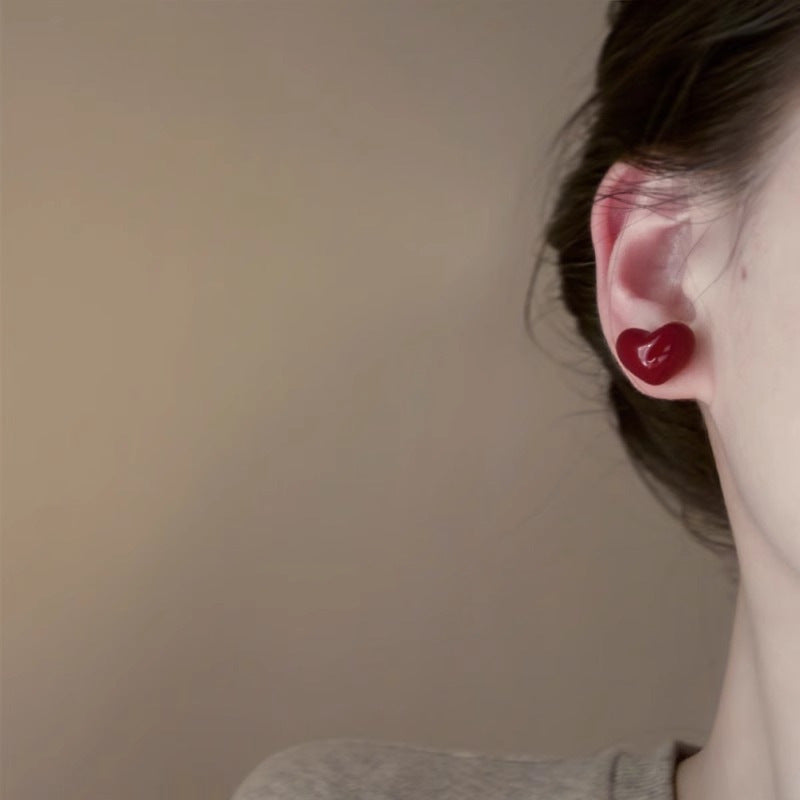 Heart-shaped Cherry925Silver Needle Vintage Autumn Winter Wine Red Heart Ball Double-Sided Earrings2024New Fashion