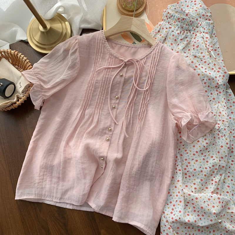 Real Shot◆Private Server Edition！French Style Round Neck Breathable Comfortable Light Pink Lace-Up Loose Shirt Chiffon Blouse